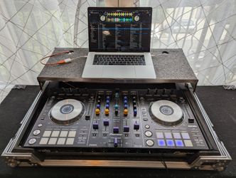 Pioneer DDJ-SX 4-channel DJ controller with Odyssey flight case and sliding laptop shelf