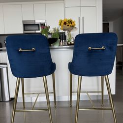 Set of 2 Blue Velvet Bar Stools Gold Legs Modern Luxury Chairs