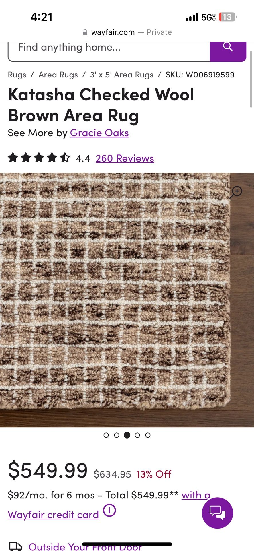 Huge 9ft x 12ft Katasha Checked Wool Brown Area Rug