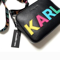 Original Karl Lagerfeld Paris Crossbody Camera Bag Patches Logo Black