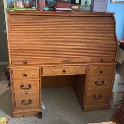 Solid Oak Roll Top Desk And File Cabinet