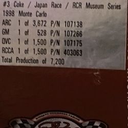 Dale Earhart # 3 Coke   Museum Series RCR 1998 Monte Carlo 