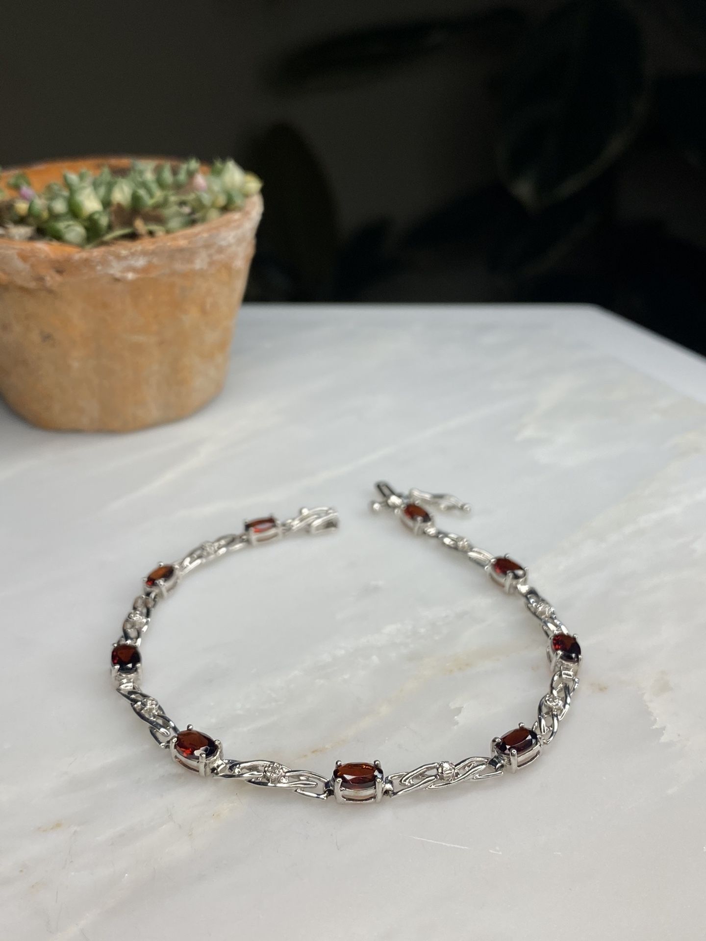 Real 10kt White Gold Garnet & Diamond Bracelet