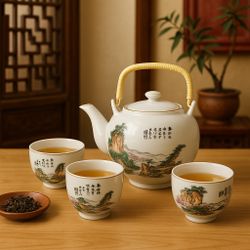 Mulyang Korean 1980s Porcelain Landscape Teapot Rattan Wrapped Handle & 3 Cups