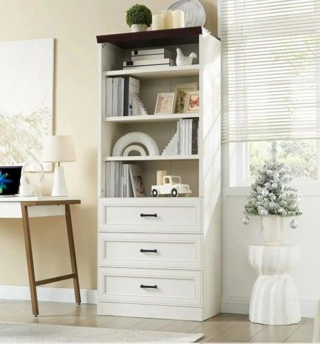 Bookcase with Drawers, 71 Inch Tall Storage Cabinet with 3 Drawers and Adjustable Shelf, Wood Bookshelf with Storage, Modern Combinable Book Shelf for