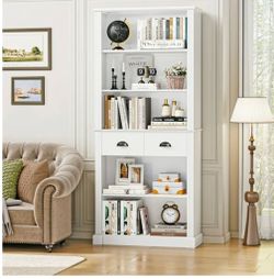 White 5-Tier Bookshelf with 2 Drawers