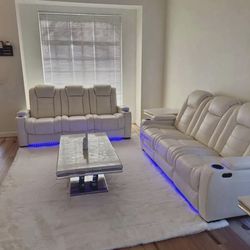 RECLINER WHITE LEATHER LED COUCH SET WITH USB CHARGER AND CUPHOLDERS