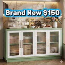 Gorgeous Homfa 55.1"W Modern Sideboard Buffet with Fluted Glass Doors, Accent Cabinet Console Table TV Stand, Green & White