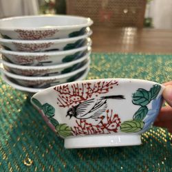 Seven Vintage Porcelain Japanese Hand Painted Bird And Floral Rice Bowls 