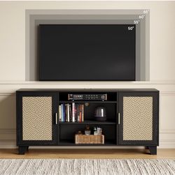 Black TV Stand with Rattan Cabinet Doors