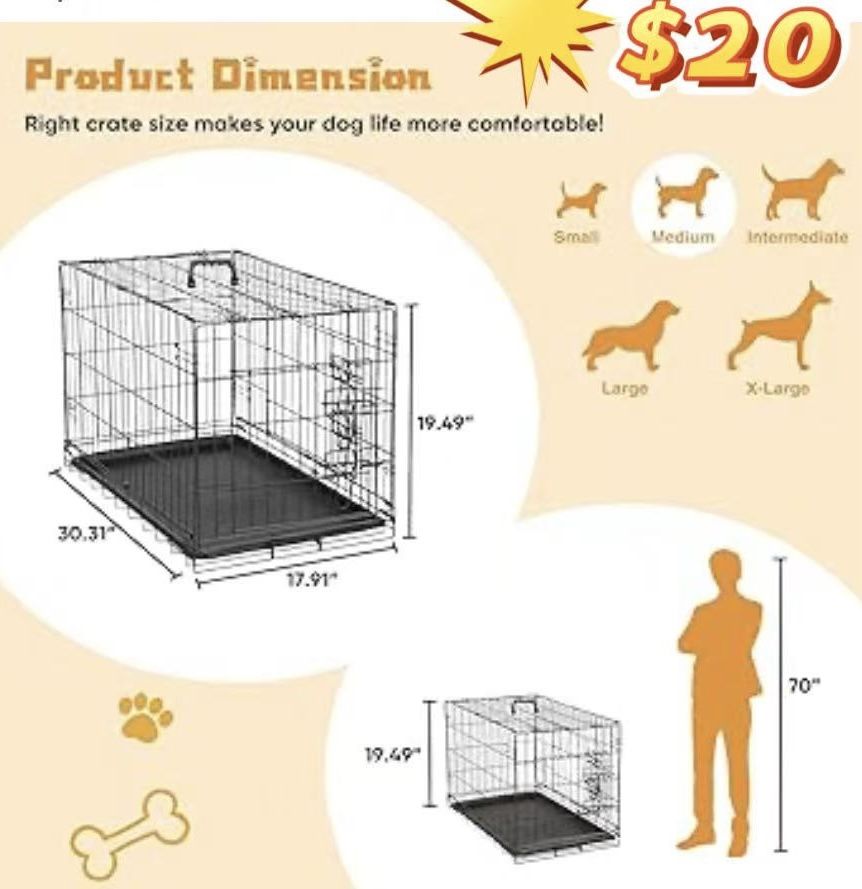 ✌️DUMOS Dog Crate, 30 Inch Medium Double Door Dog Cage with Divider Panel and Plastic Leak-Proof Pan Tray, Folding Metal Wire Pet Kennel for Indoor