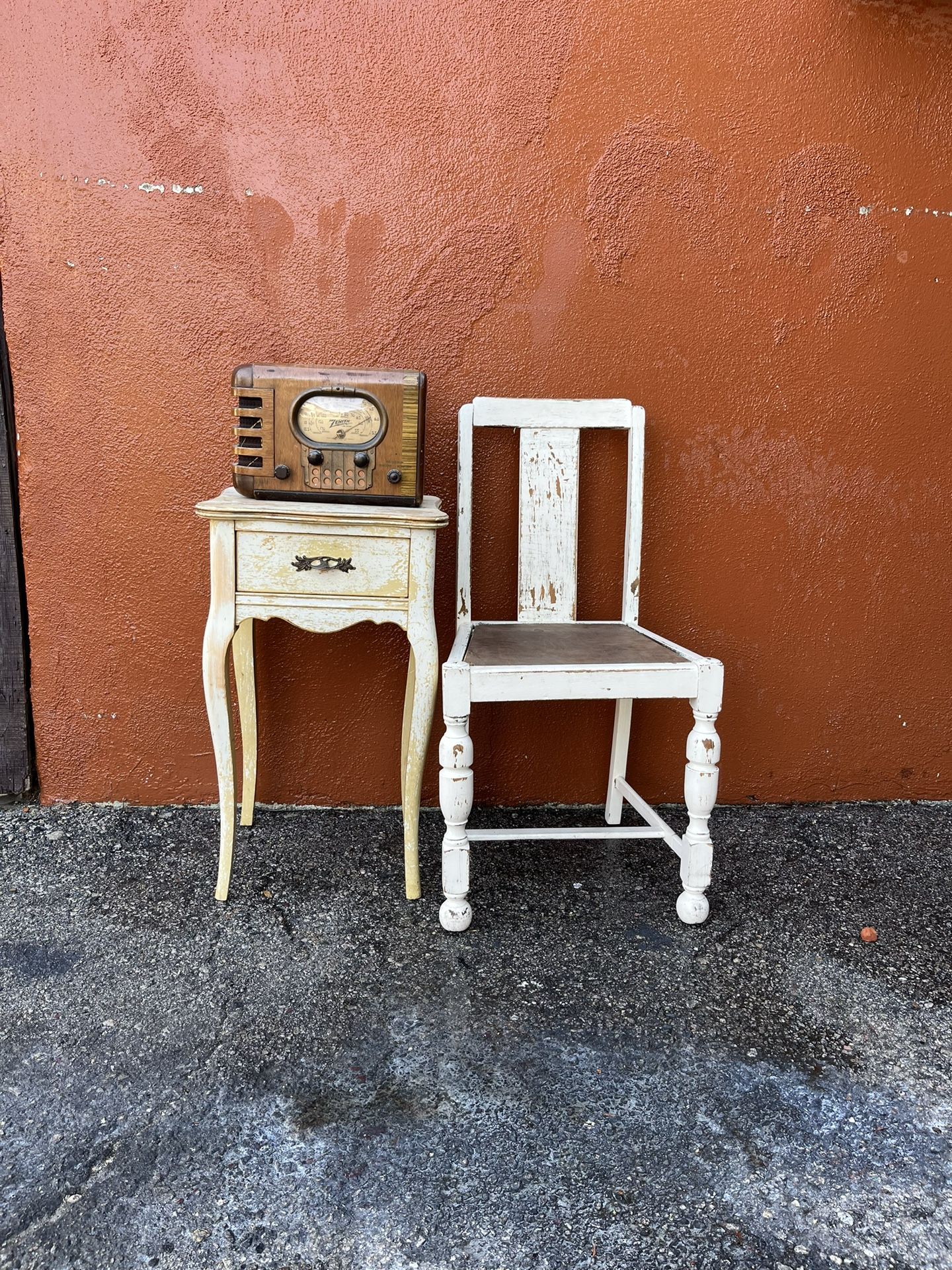 Vintage wood furniture, pedestal, and table