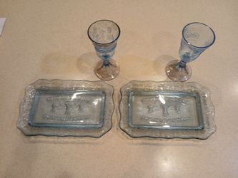 Tiara Exclusive Indiana Glass Ice Blue Serving Tray and Wayer Goblet