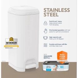 Diaper Genie Select Pail,White,Stainless Steel, 1 Diaper Pail,1 Square Refill-165 Ct, Infant