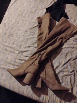 Tan suede thigh high boots