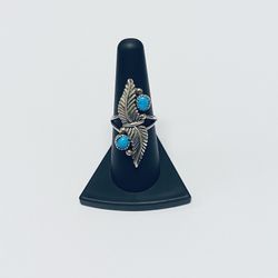 Vintage J Navajo Sterling Silver Turquoise Feather Design Ring