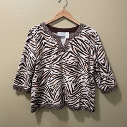 Women’s PXL Alfred Dunner Petite Brown White Zebra Print 3/4 Sleeve Sequin Tunic