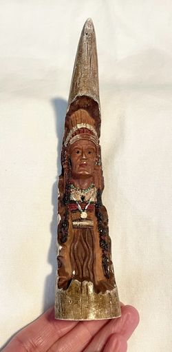 Hand Painted NATIVE AMERICAN INDIAN Sculpture - Carved Antler - Poly Stone - 6”