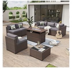 new, 8 pieces Outdoor patio set with fire pit( cushion grey, beige, blue