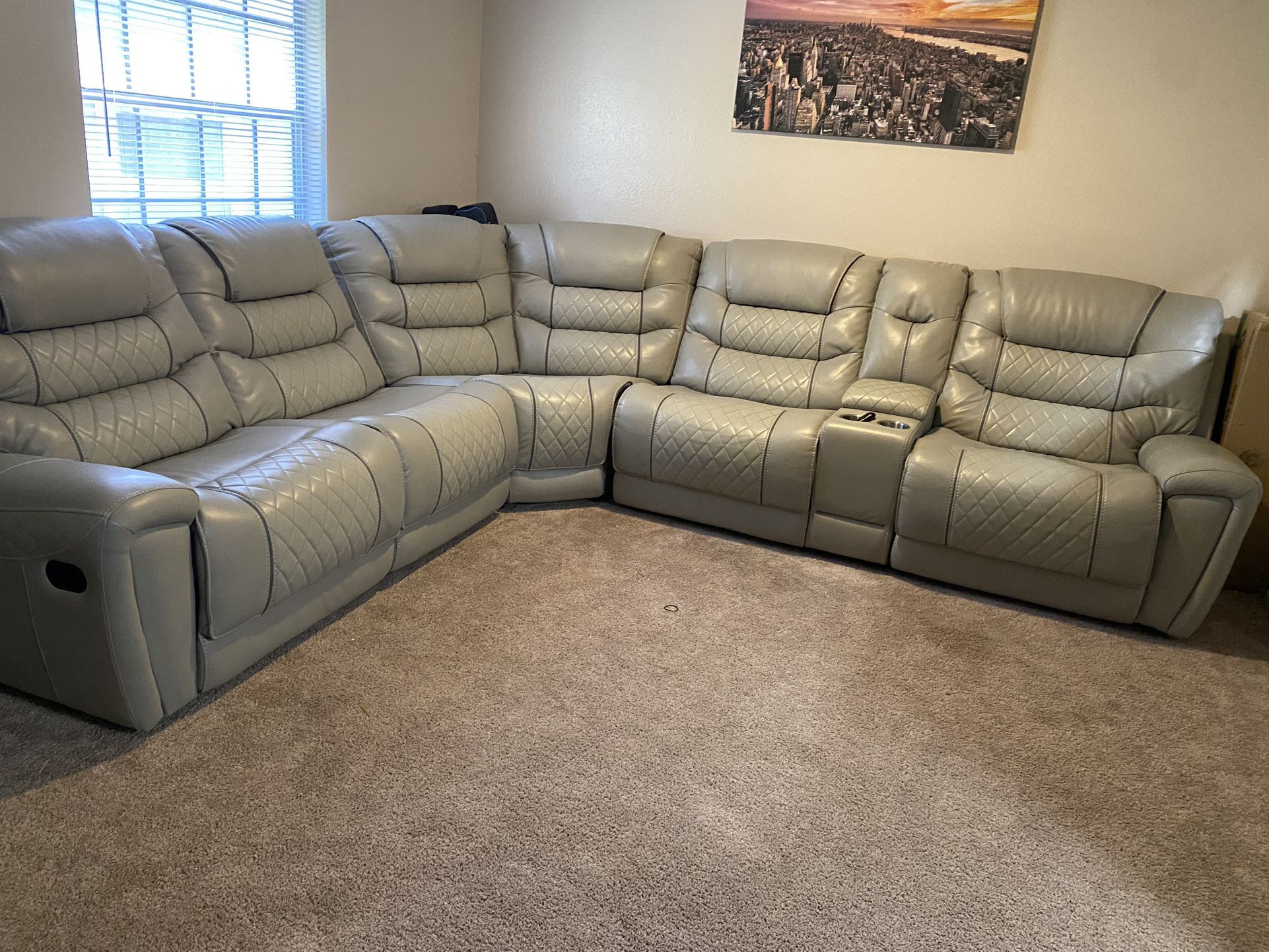 Grey Couch With 3 Recliners and Outlets In Middle Consult It’s a big sectional couch 