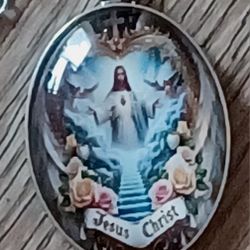 Jesus Christ Glass Pendant/silver Lobster Claw Chain