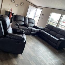 Black faux leather Reclining Couch 3-Pc Set — Sofa • Loveseat • Chair