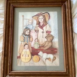 Pat Young Vintage Framed Print Picture Dolls Teddy Bears Wagon Children Toys
