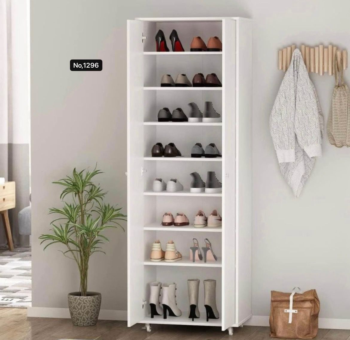 Tall Shoe Rack with Doors & Wheels, Entryway Shoe Cabinet with 8-Tier Shelf, Wood Shoe Storage Organizer for Entryway, White (23.6" W x 15.7" D x 70.9