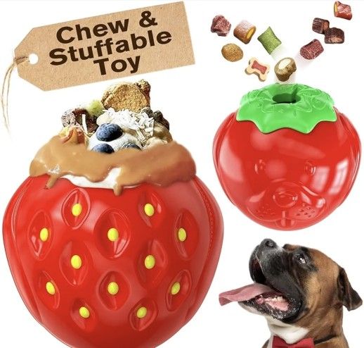 Multifunctional Slow Feeder Dog Toy Strawberry NEW Sealed Wet Dry Dispenser Chew