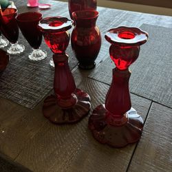red ruby glass candle holders 