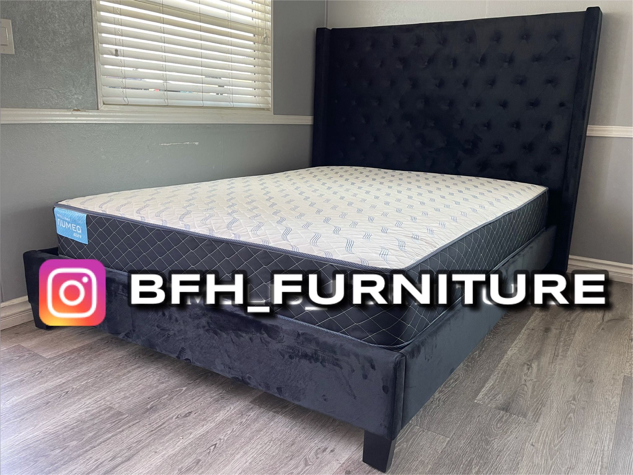 Queen Black Chanelle Wingback Platform Bed w. Orhopedic Mattress Included