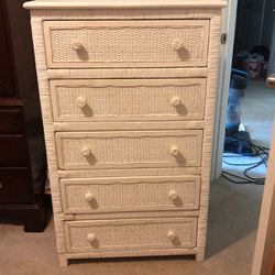 SET OF TWO / TRADITIONAL FIVE DRAWER WHITE WICKER DRESSERS 