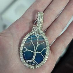Tree Of Life Blue Agate Sterling Silver Wrapped Pendant 