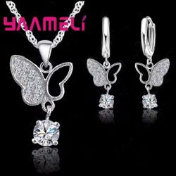 925 Sterling Silver Butterfly CZ Crystal Necklace and Earrings Set 