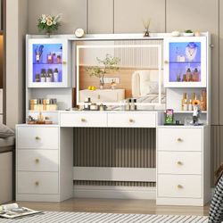 62'' Large Vanity Desk with Tempered Glass Top, 60000-color LED Lights, Charging Station, White Makeup Vanity with 3 Lights Mode LED Mirror, 9 Drawers