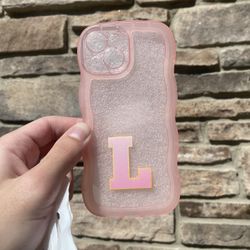 iPhone 15 Pink Case, Cute Curly Wave Shape, Letter L Initial