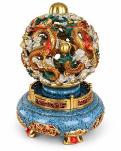 Ornate Chinese Imperial Dragon Sphere Bronze Sculpture