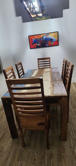 Rustic Solid Wood Dining Set with 6 Chairs