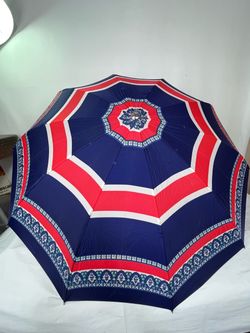 Vintage 1960s Mod Geometric Inverted Parasol Umbrella - Red White Blue Folding Travel