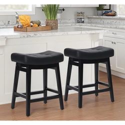Counter Height Black Bar Stools Set of 2 for Kitchen Counter, Backless Farmhouse Kitchen Island Barstools with Upholstered Faux Leather Saddle Seat an