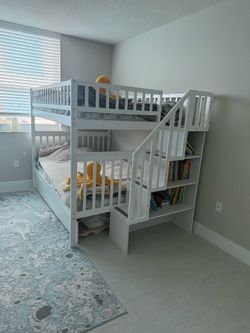 White Wood Bunk Bed with Stairs and Storage