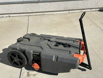 Camco Rhino 28-Gallon Portable Camper/RV Tote Tank | Features 2 Steerable No-Flat Front Wheels & Built-In Gate Valve | Includes Removable 24" Tow Bar,