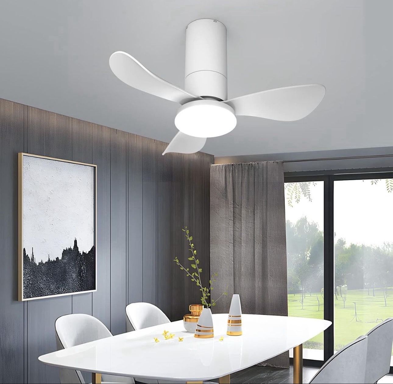 26 Inch Ceiling Fans with Lights, 3 Blade Low Profile Small Ceiling Fan with Light for Bedroom Dining Room Kitchen Patio (White
