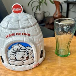  Coca Cola Igloo Cookie Jar Polar Bears 2005 & Vintage Coca-Cola Green Glas