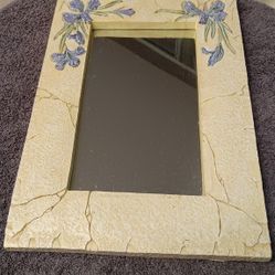 Floral Mirror | 13.5x9.5 Beige Textured Stone Frame with Purple Iris Flowers | Shabby Chic Cottagecore Botanical Wall Vanity Home Decor