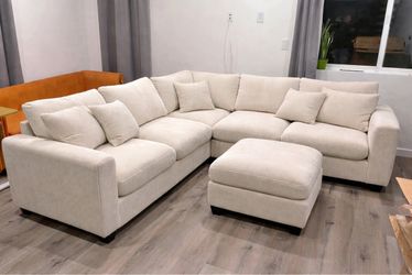 Brand new ivory corduroy sectional sofa couch with ottoman