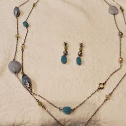Bead and Silver Tone Necklace and Earrings