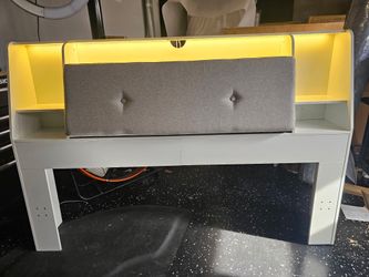 2 in 1 Bookcase Headboard with charging station & 2 LED lights, Removable upholstered panel