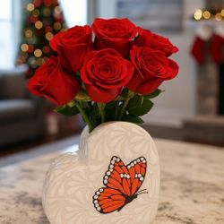 Talavera Heart Flower Vase | Butterfly Design | Lead Free | 4.5x4.5”