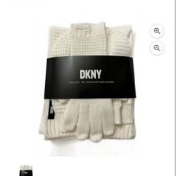 DKNY 3 Piece Set (Gloves, Scarf, & Beanie) In Pink